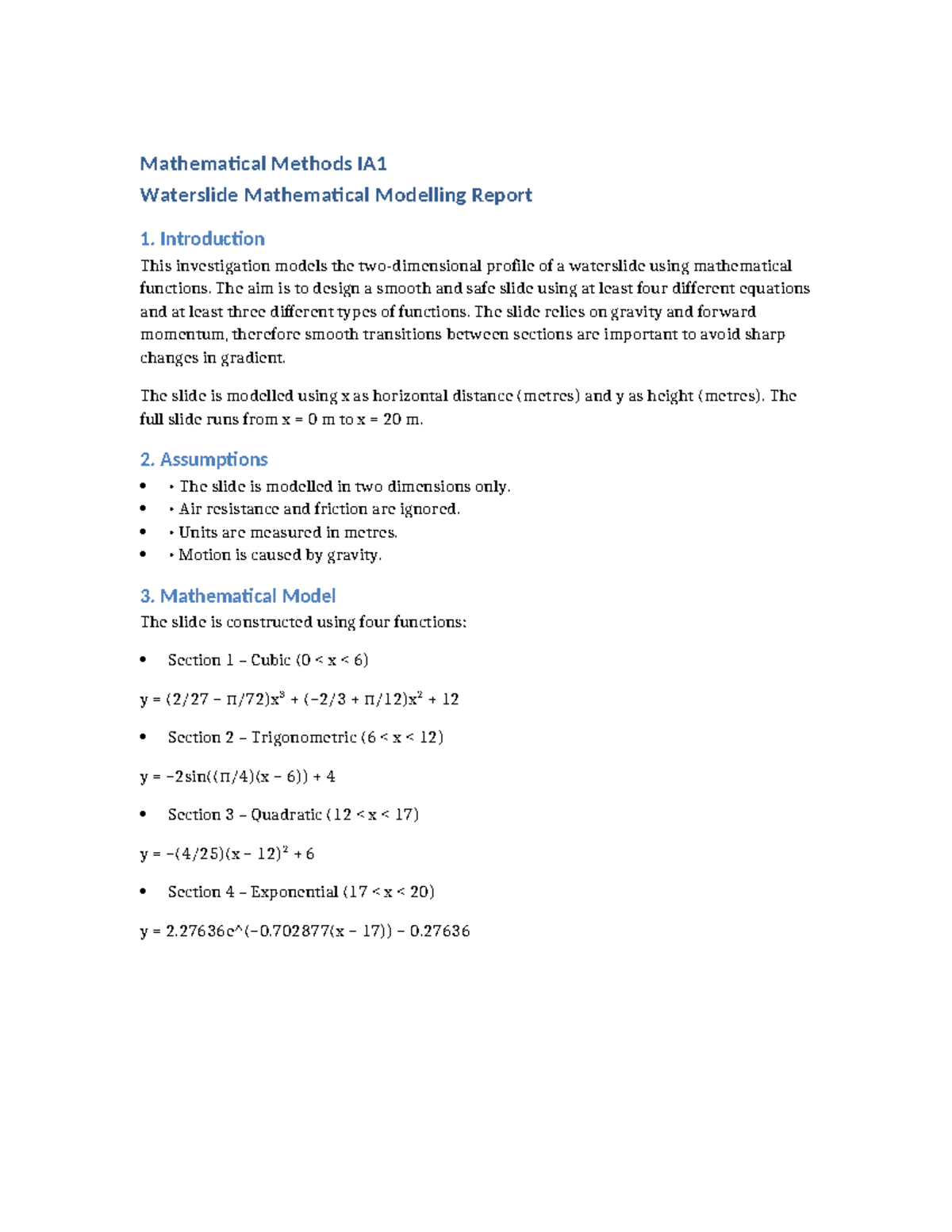 Final IA1 Report on Waterslide Mathematical Modelling - Studocu