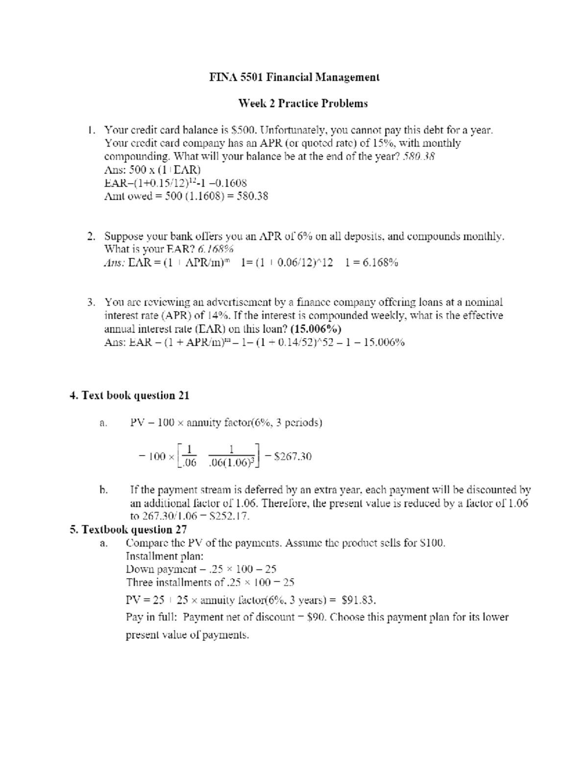 FINA 5501 Week 2 Financial Management Practice Solutions - Studocu