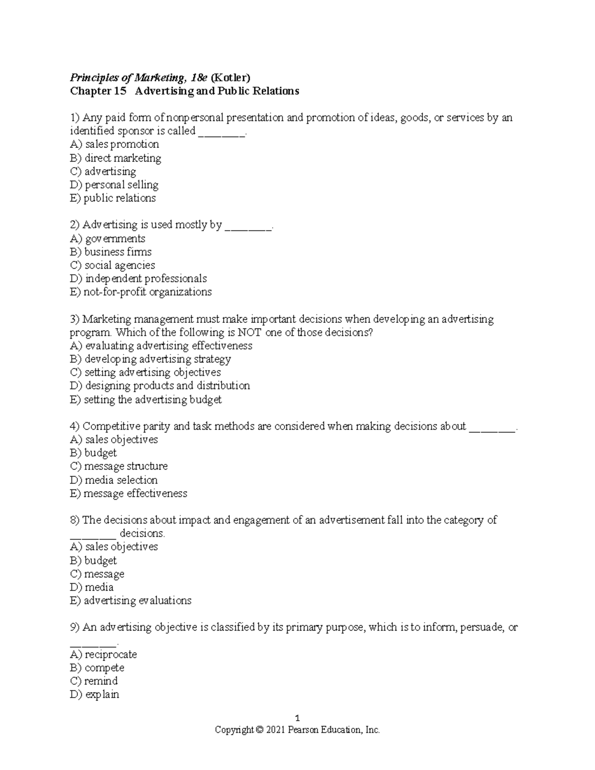 Chap 15 Testbank Questions - Principles of Marketing, 18e (Kotler ...
