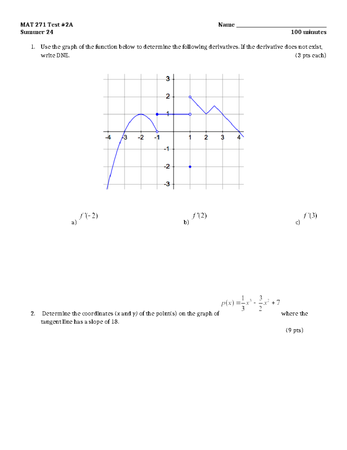 MAT271-Test2A - Unit 2 Practice Test on Derivatives and Motion - Studocu