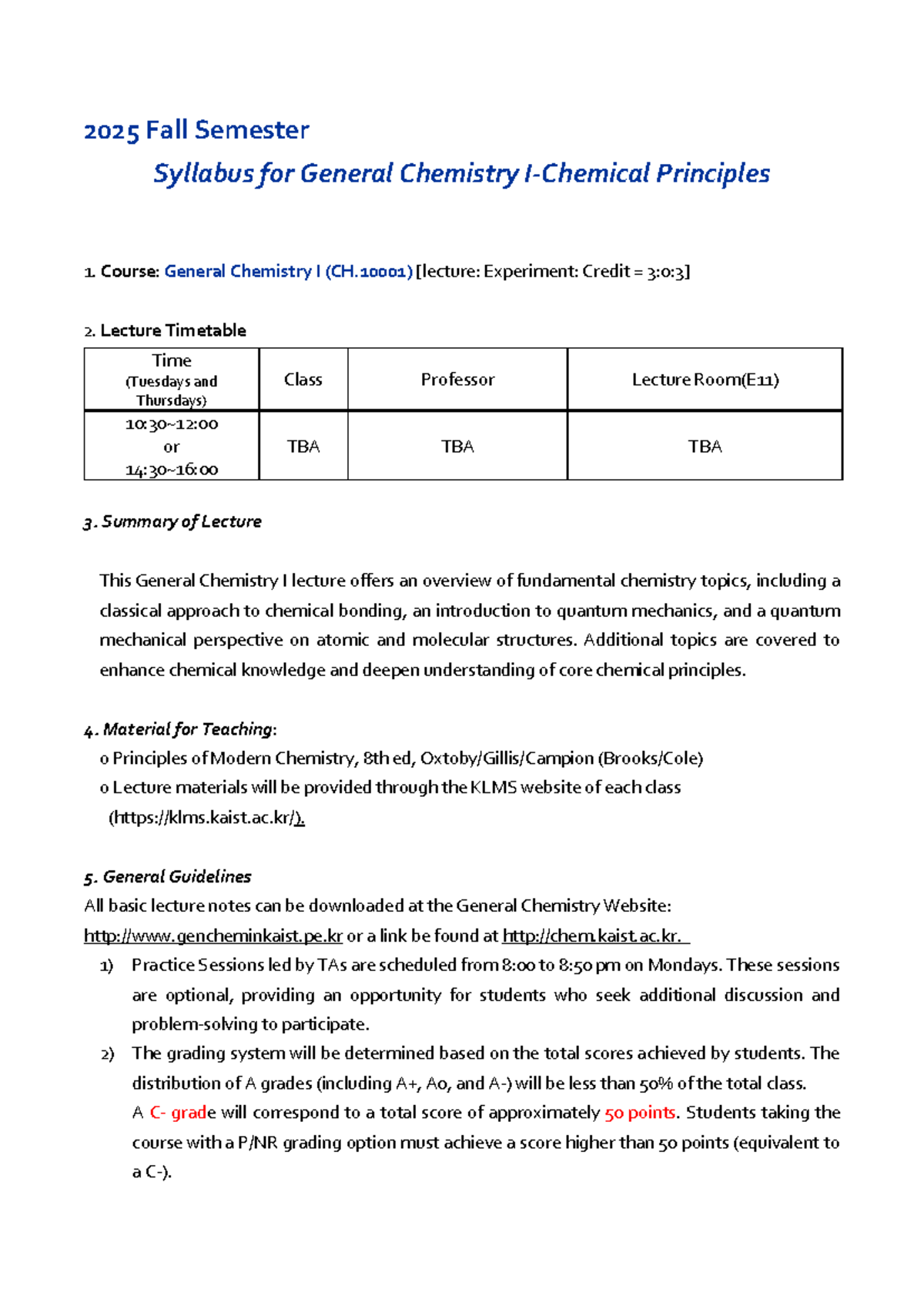 2025 Fall CH10001 General Chemistry I Syllabus (Class A C) - Studocu