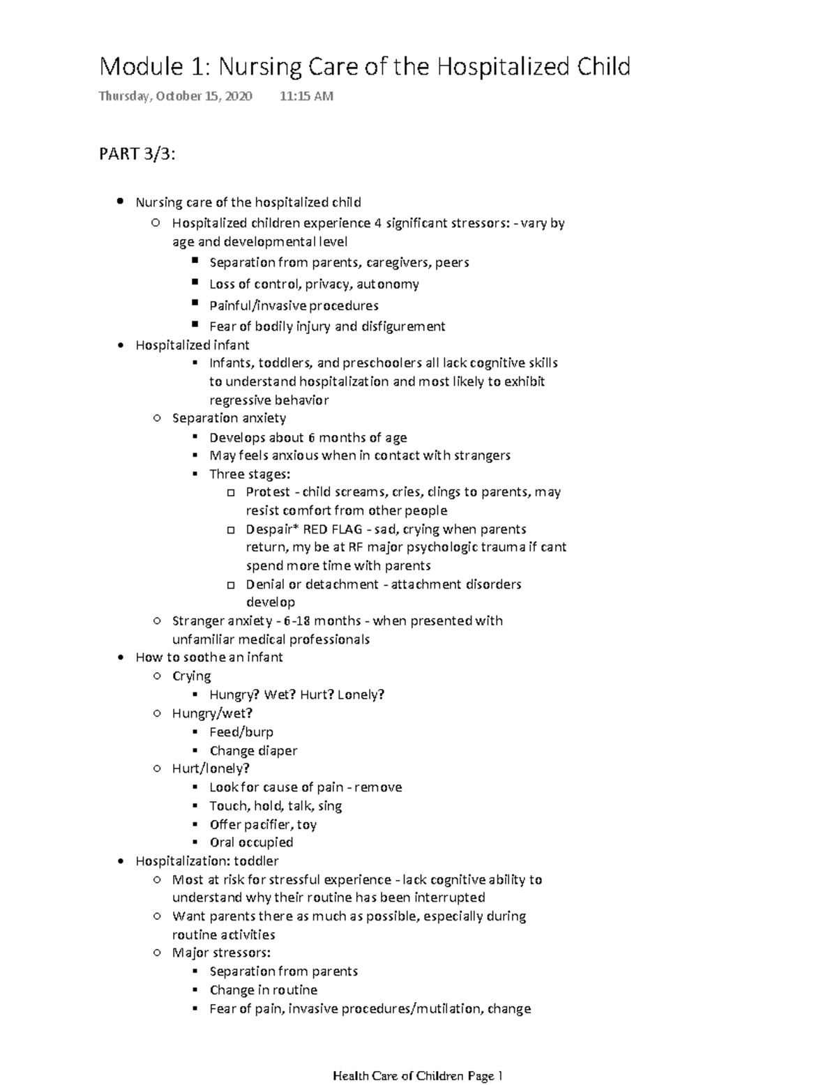 Module 1: Nursing Care Strategies for Hospitalized Children - Studocu