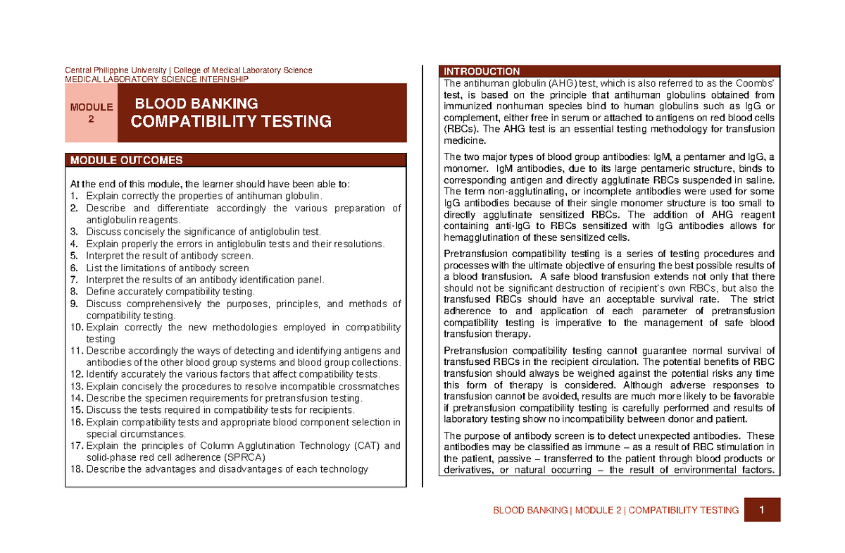 Module 2: Key Concepts in Blood Banking Compatibility Testing (BB ...