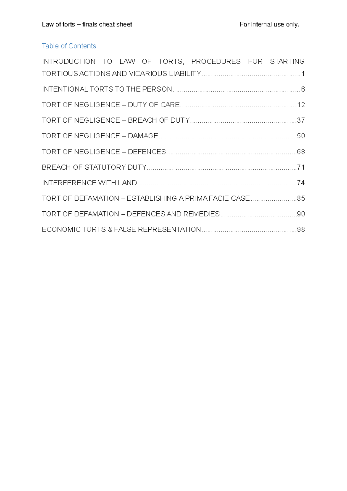 Law of Torts Final Exam Cheat Sheet (Code: LWT102) - Studocu