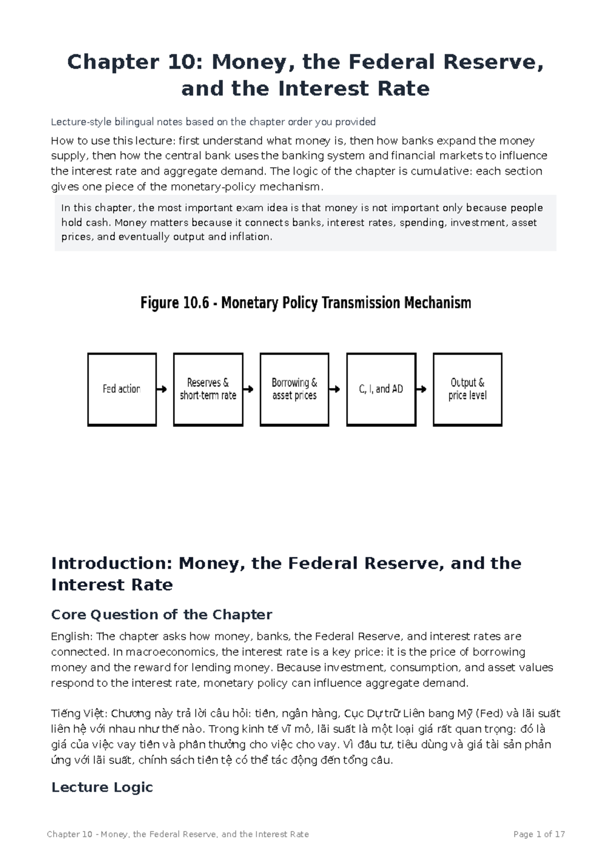 Chapter 10: Money, the Federal Reserve, and Interest Rate Lecture Notes ...