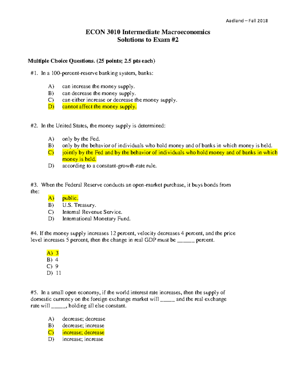 ECON 3010 Fall 2018 Exam 1 Solutions: Intermediate Macroeconomics - Studocu
