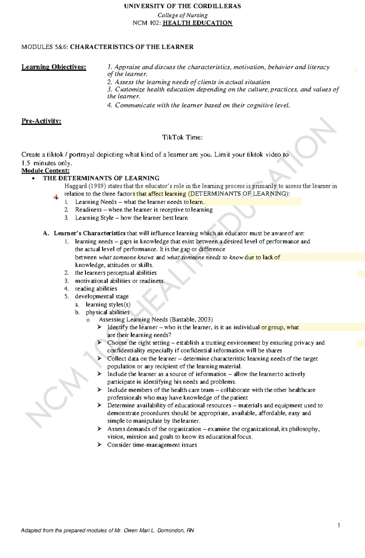 NCM102 Modules 1 and 2 - none - 1 College of Nursing NCM 102: HEALTH ...