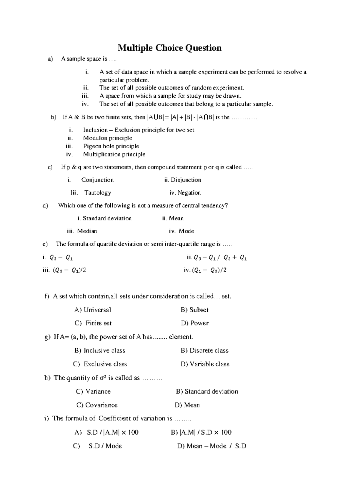 Final Exam Question Bank for Statistics (Course Code: ST101) - Studocu