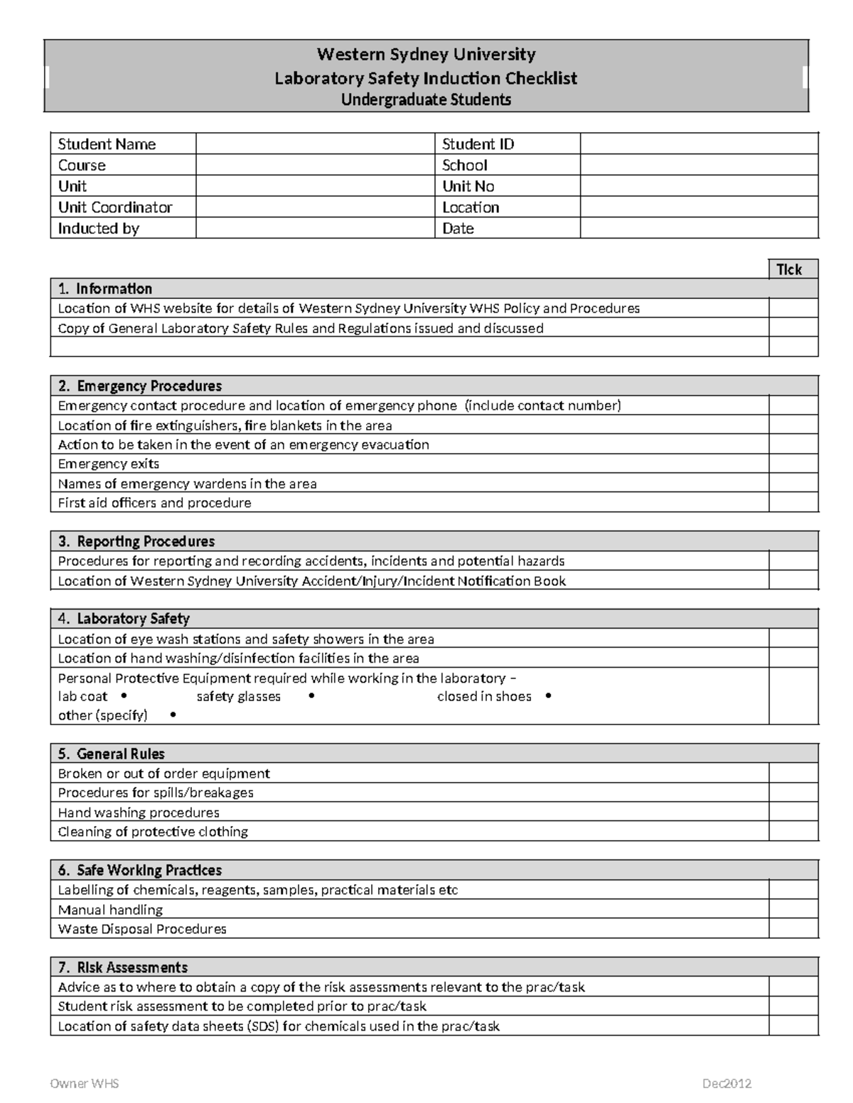 UG Laboratory Safety Induction Checklist for Students - Studocu