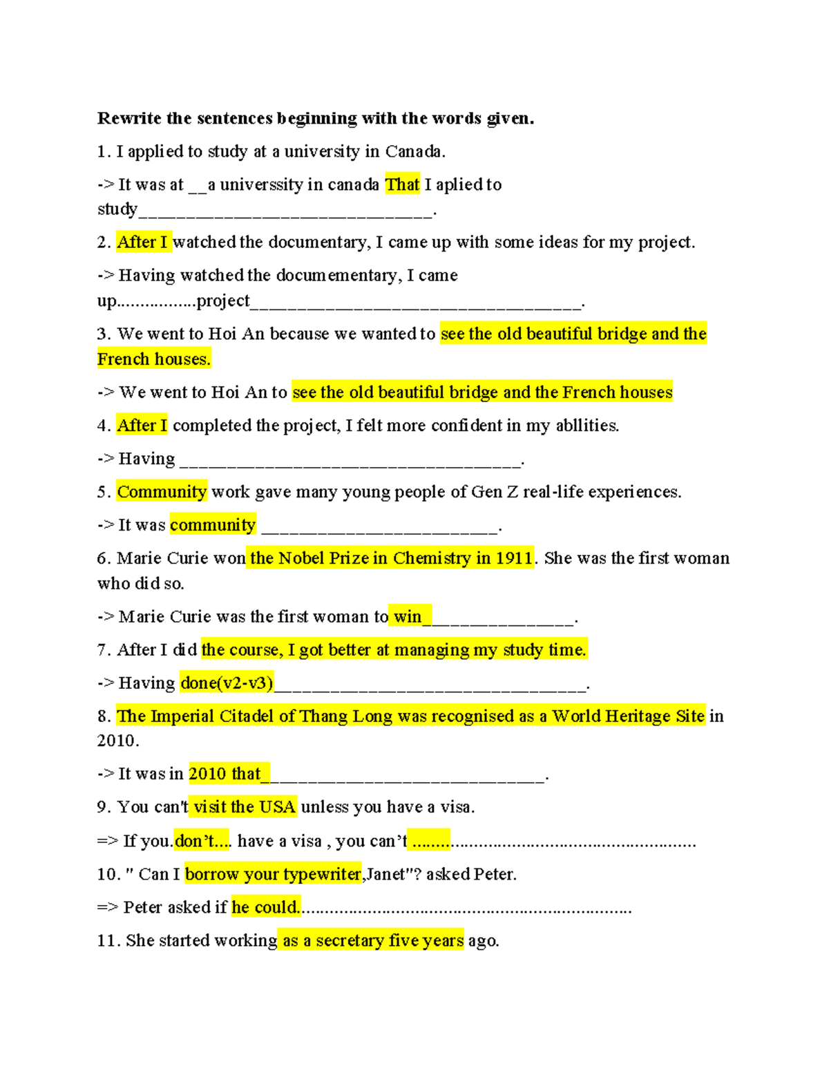 Rewrite Sentences Exercise - Tiếng Anh 2 (M,M KKM MKM) - Studocu