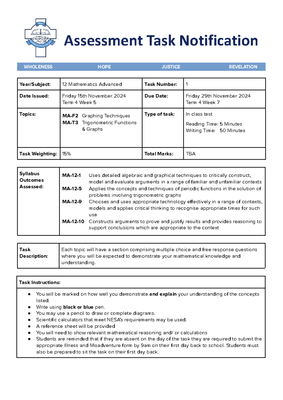 12 ADV Mathematics Task 1 Notification: Graphing & Trigonometry - Studocu