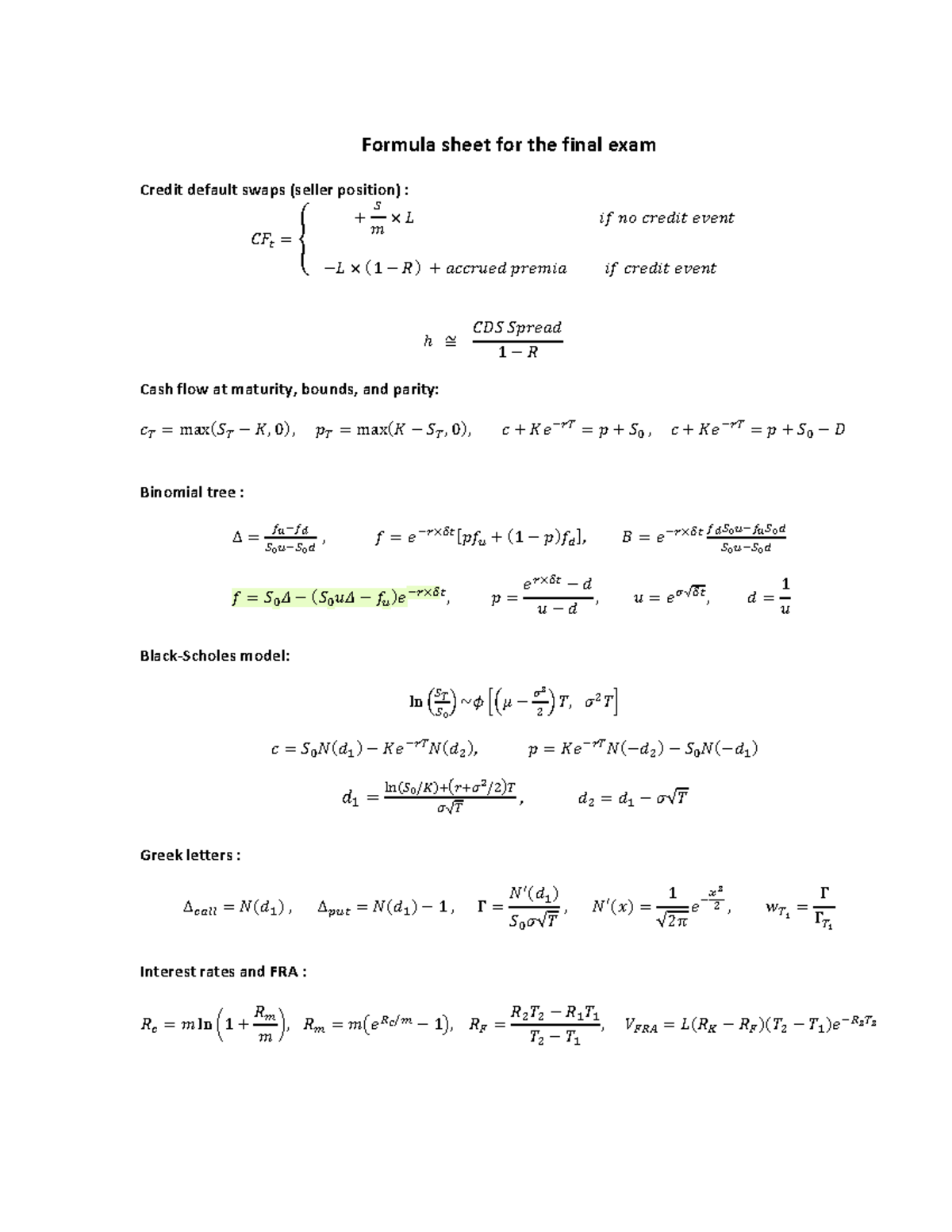Formula Sheet for Final Exam: Credit Default Swaps (Seller Position ...