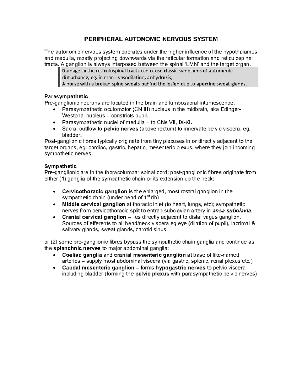 Neuro notes - senses - PERIPHERAL AUTONOMIC NERVOUS SYSTEM The ...