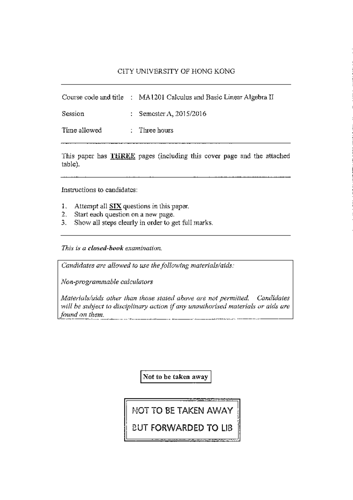Ma1201 1516a Final Past Paper Calculus And Basic Linear Algebra Ii