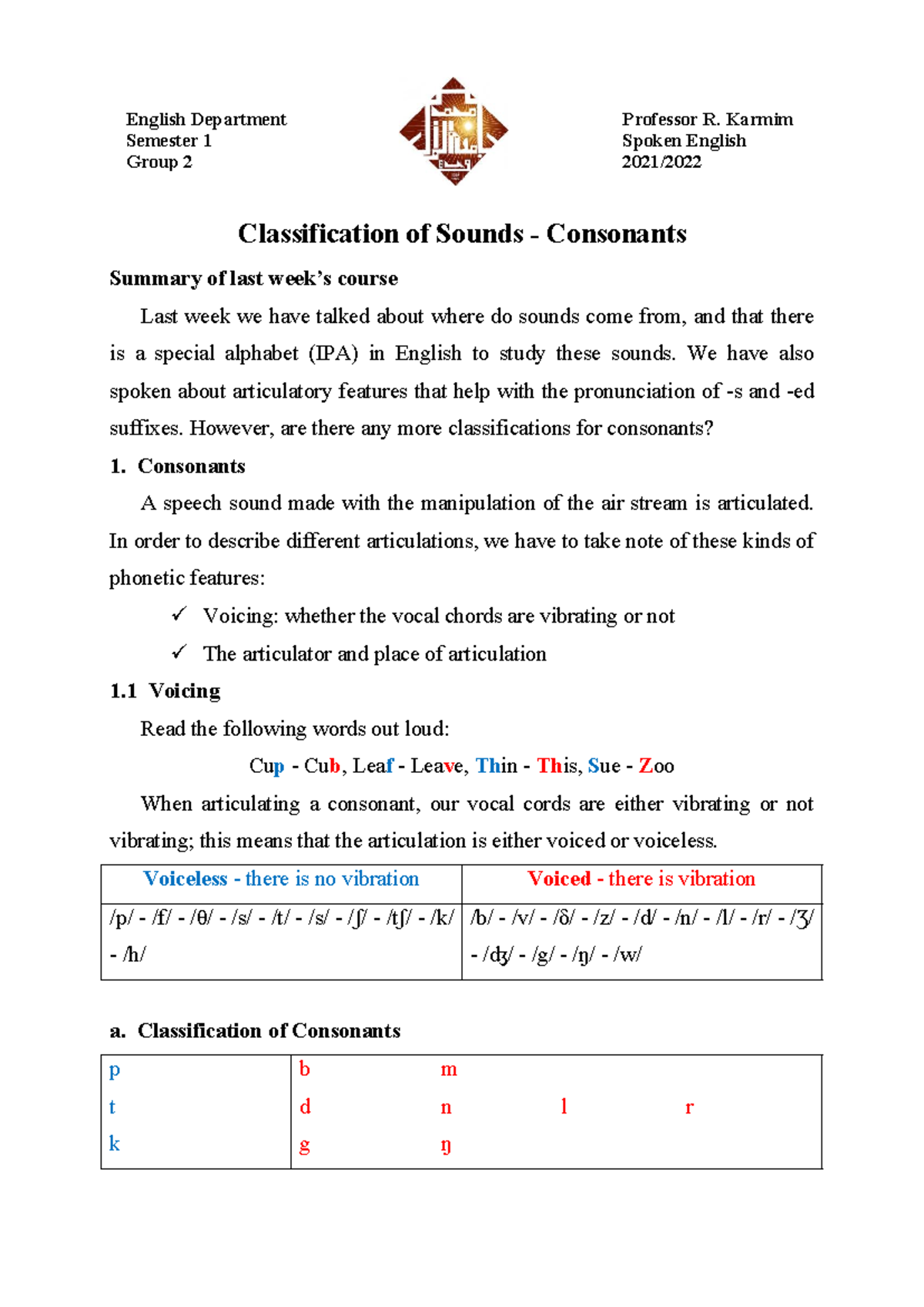 Consonants Classification - Phonetic Features Explained (ENG101) - Studocu