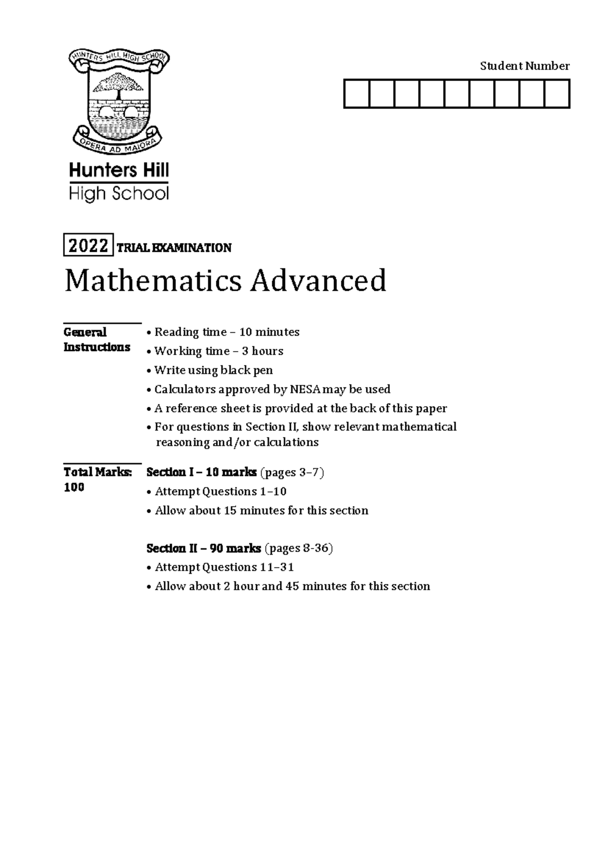 Hunters Hill 2022 Mathematics Advanced Solutions - Student Number 2022 ...