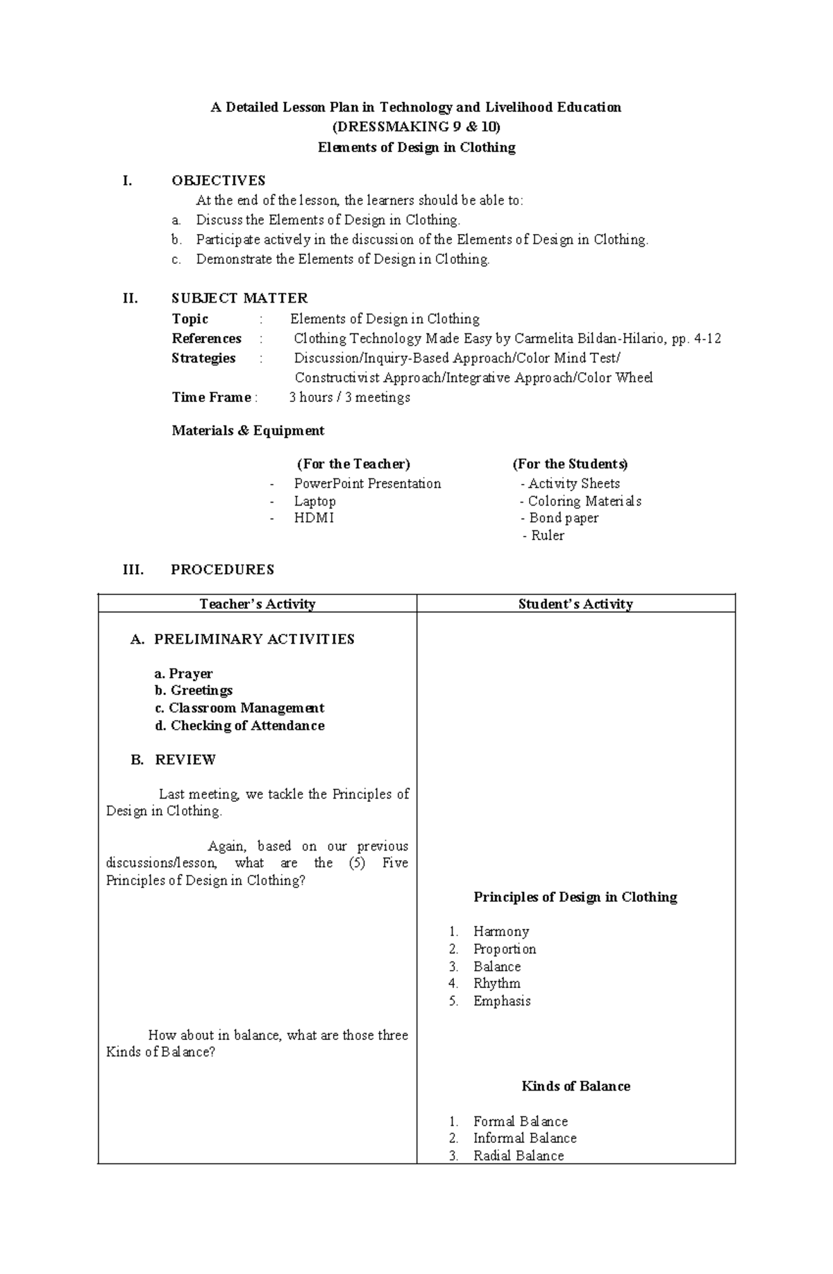 Elements OF Design - Lesson PLAN (Week 1) - A Detailed Lesson Plan in ...