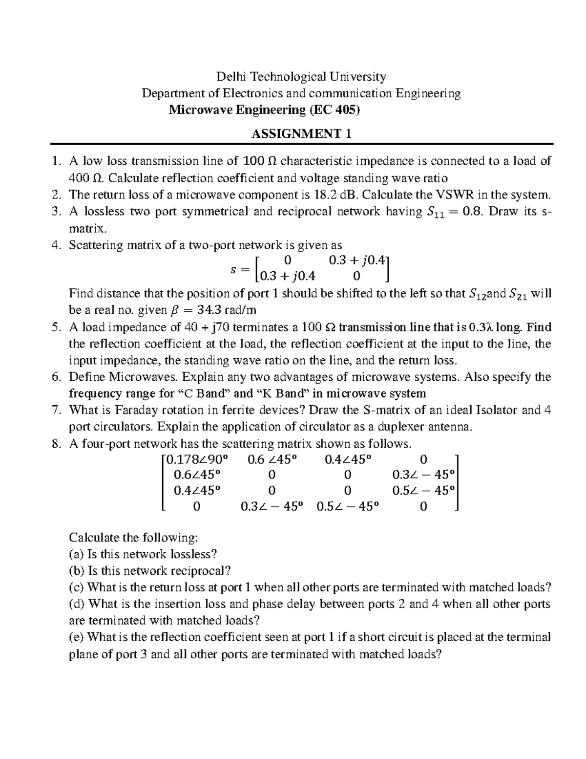 Microwave Engineering Assignment EC 405: Key Problems & Solutions - Studocu