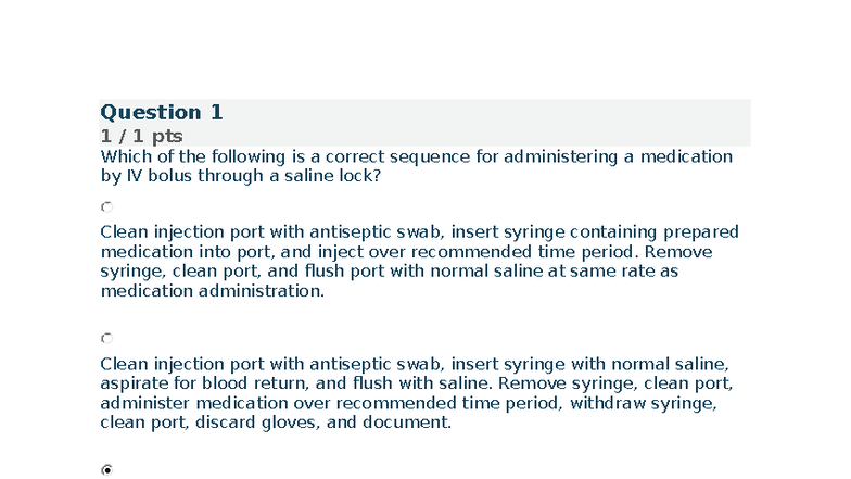 Quiz: Correct Sequence for Administering IV Bolus Medications - Studocu