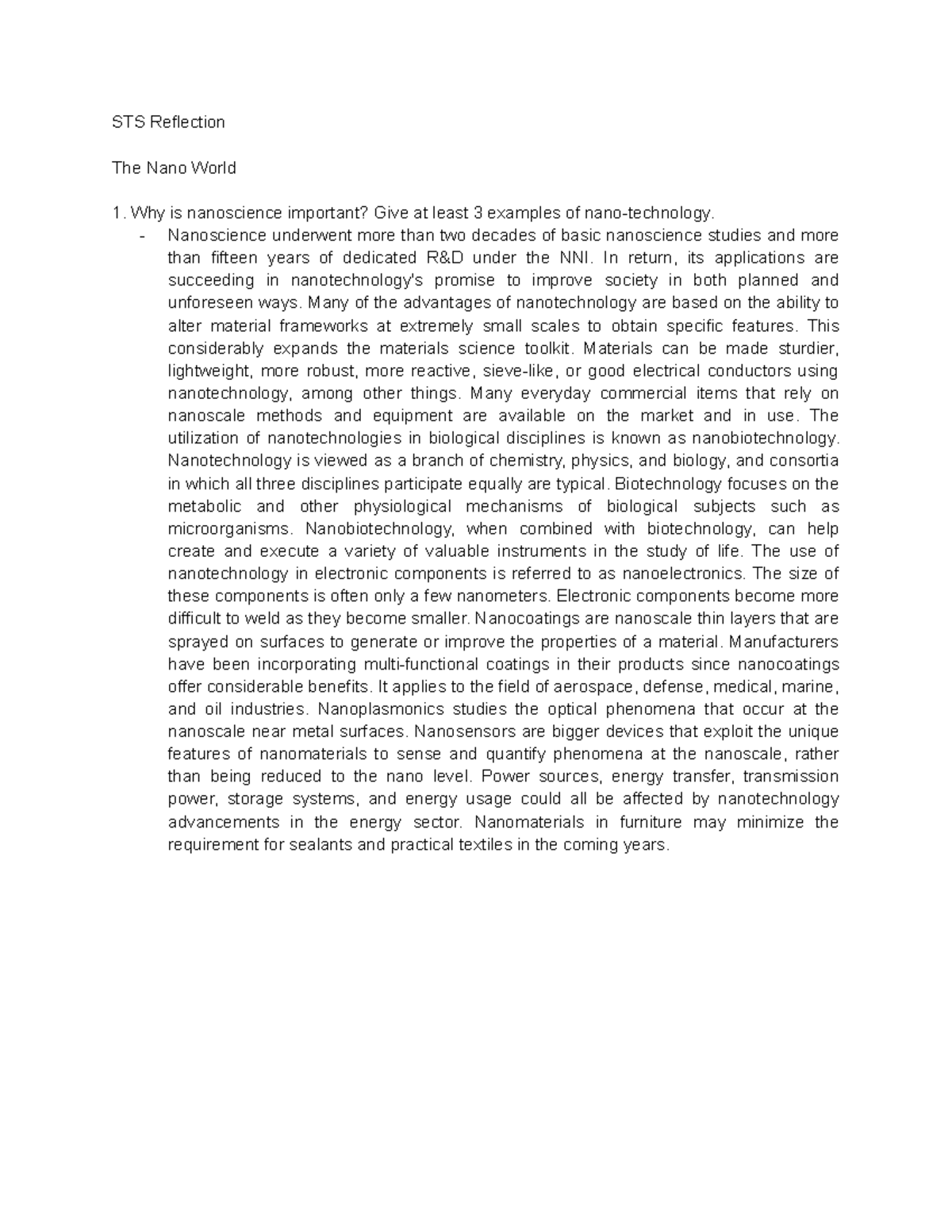 STS Reflection Paper on Nanotechnology and Its Importance - Studocu