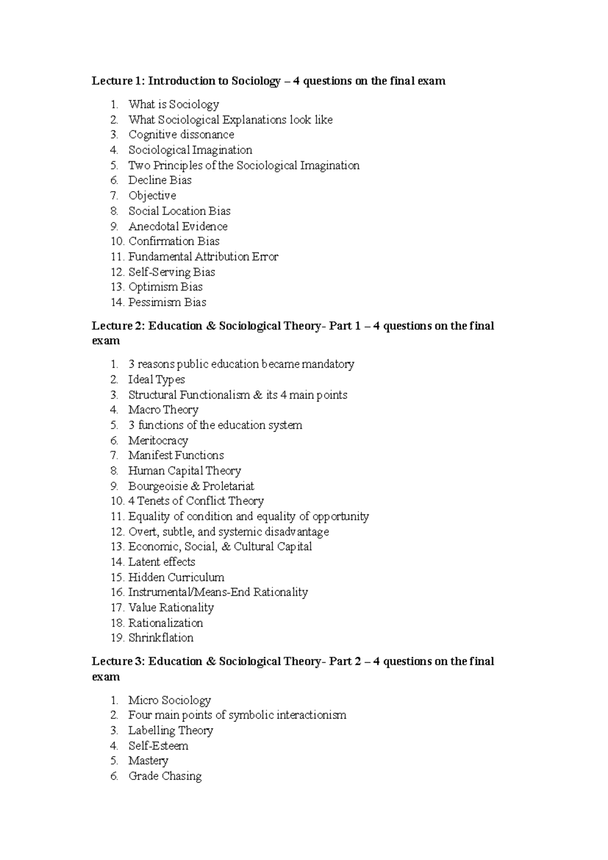 SOC100 Final Exam Key Terms: Lectures on Sociology and Culture - Studocu