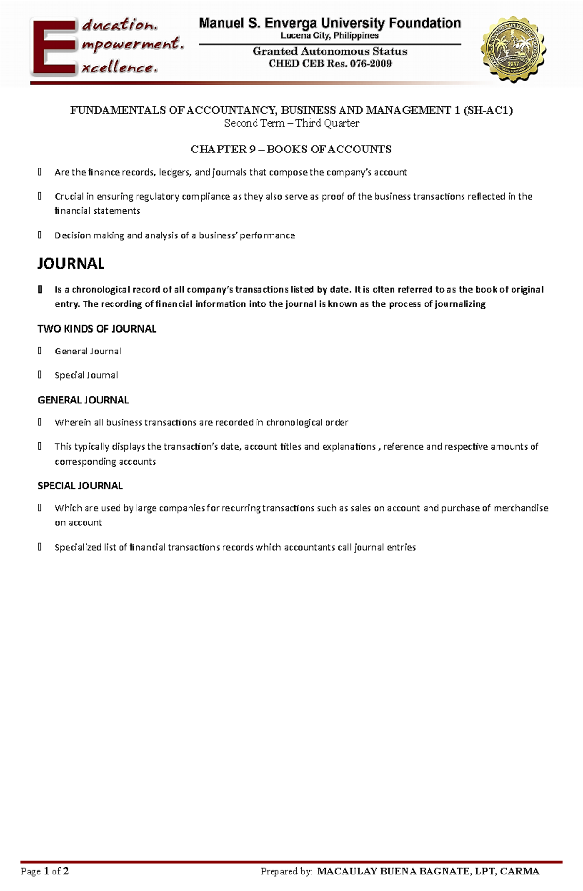Chapter 9 - FUNDAMENTALS OF ACCOUNTANCY, BUSINESS AND MANAGEMENT 1 (SH ...