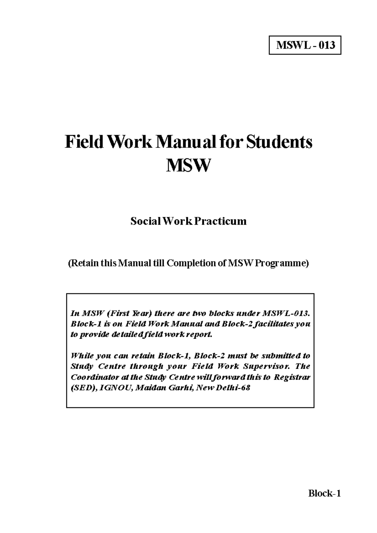 MSWL-013 Field Work Manual: First Year Practicum Guide - Studocu