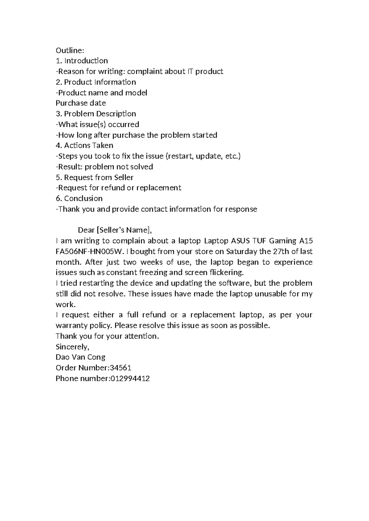 Unit 4 - 24đ - Outline: Introduction Reason for writing: complaint ...