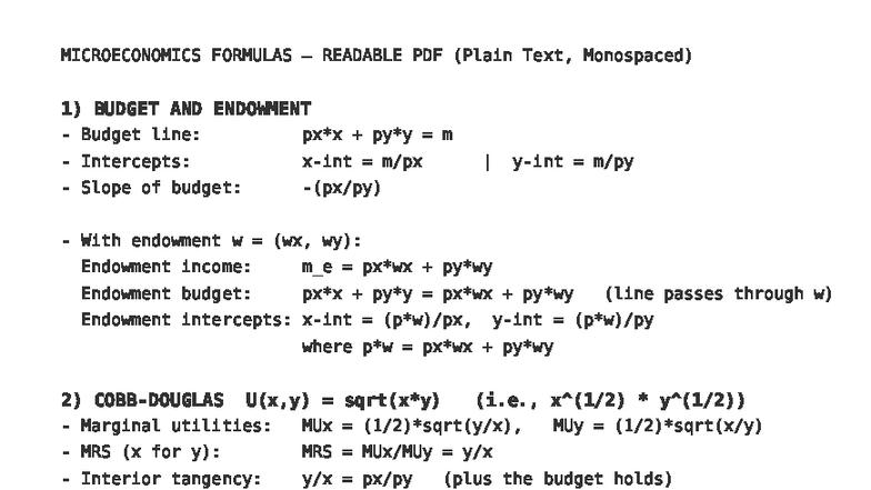 MICROECONOMICS FORMULAS (Econ 101) - Readable PDF Notes - Studocu