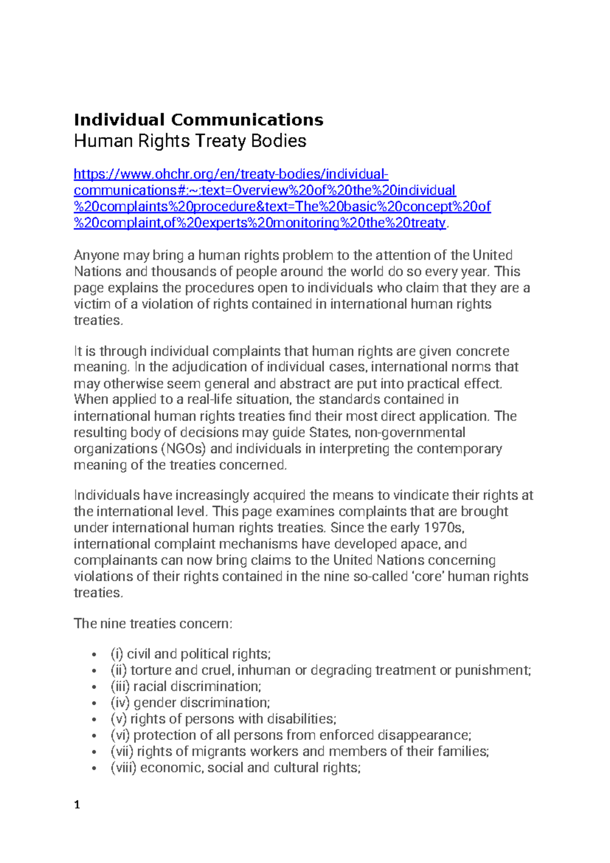 Individual Communications: Human Rights Treaty Bodies Overview (OHCHR ...