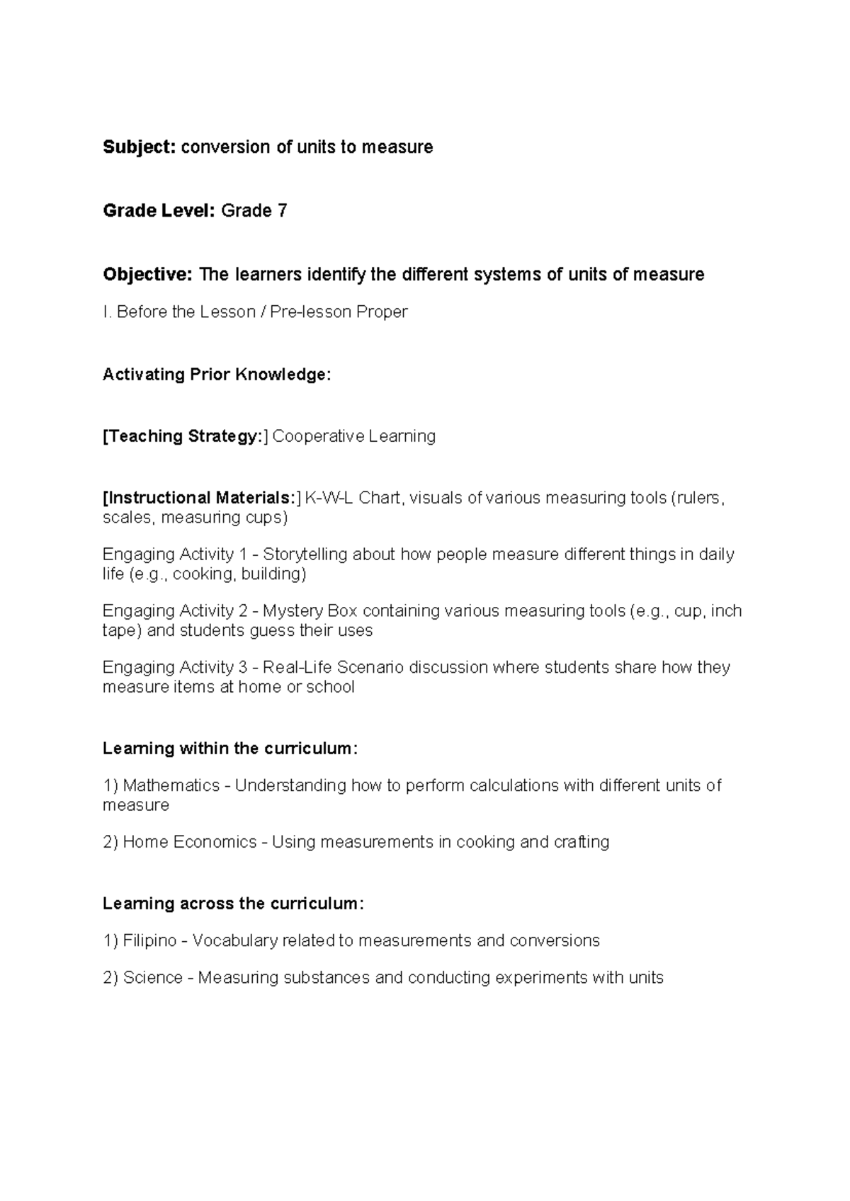 Grade 7 Math: Unit Conversion and Measurement Strategies - Studocu