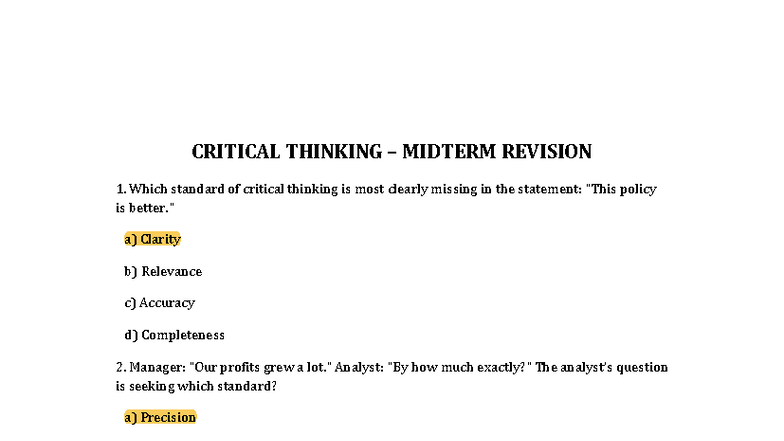 CRITICAL THINKING (CT101) MIDTERM REVISION QUESTIONS PART 2 - Studocu