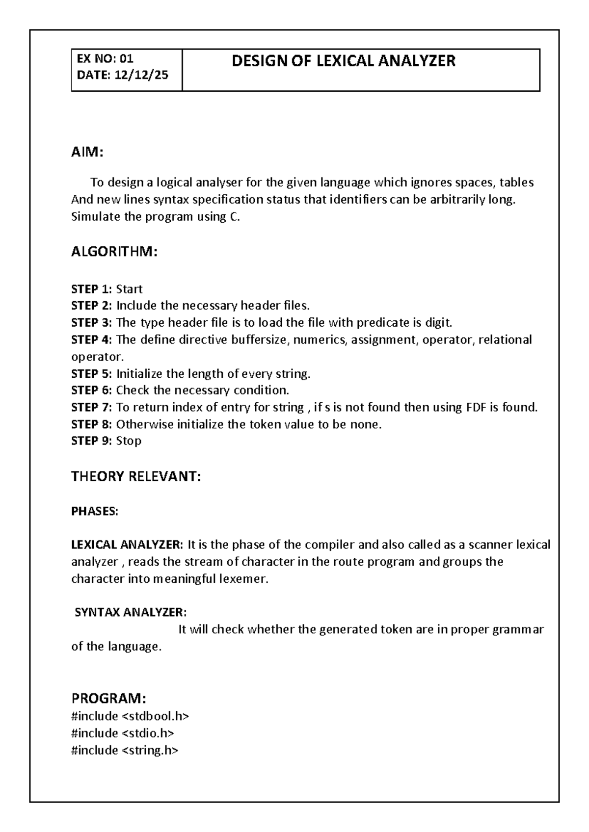 Pcd Lab Manual: Design of Lexical Analyzer and Parser Techniques - Studocu