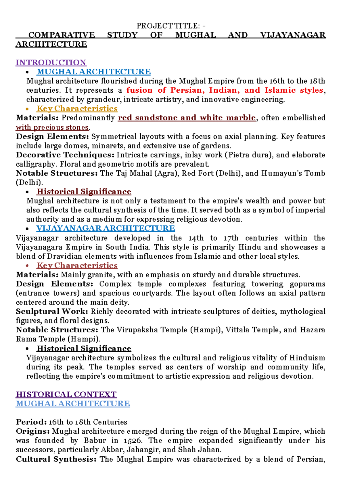 Comparative Study Of Mughal And Vijayanagar Architecture Project Title Comparative Study Of