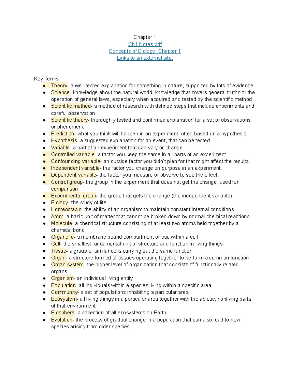 BIOL 160 Final Exam Study Notes: Chapter 1 - Concepts of Biology - Studocu