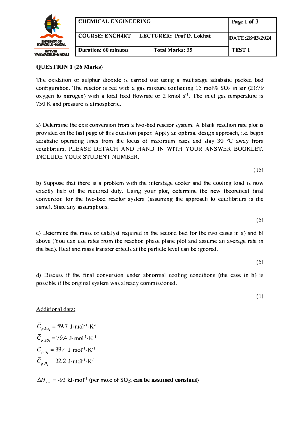 ENCH4RT 2024 Main Test: Adiabatic Packed Bed Reactor Analysis - Studocu