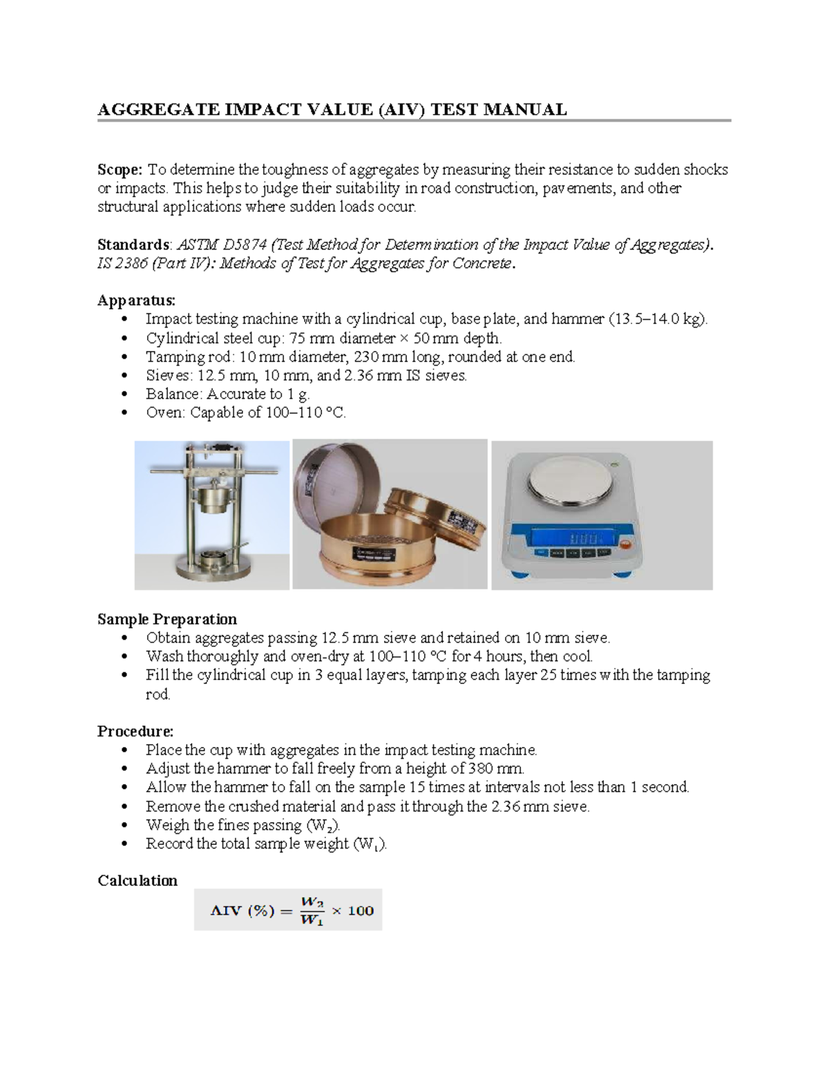 AGGREGATE IMPACT VALUE (AIV) & AGGREGATE CRUSHING VALUE (ACV) TESTS ...