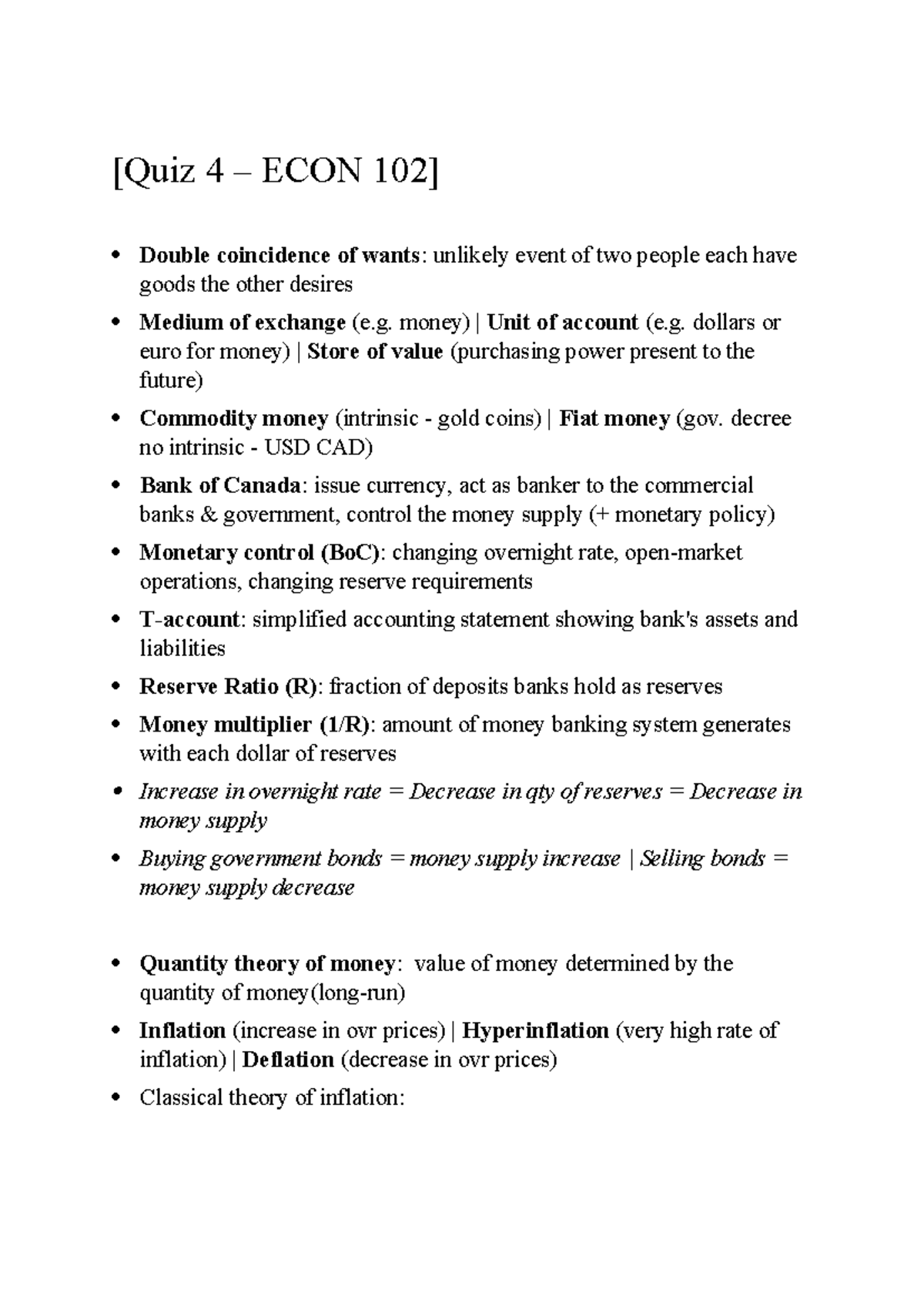 ECON 4 Quiz Notes: Money, Monetary Policy, and Inflation Concepts - Studocu