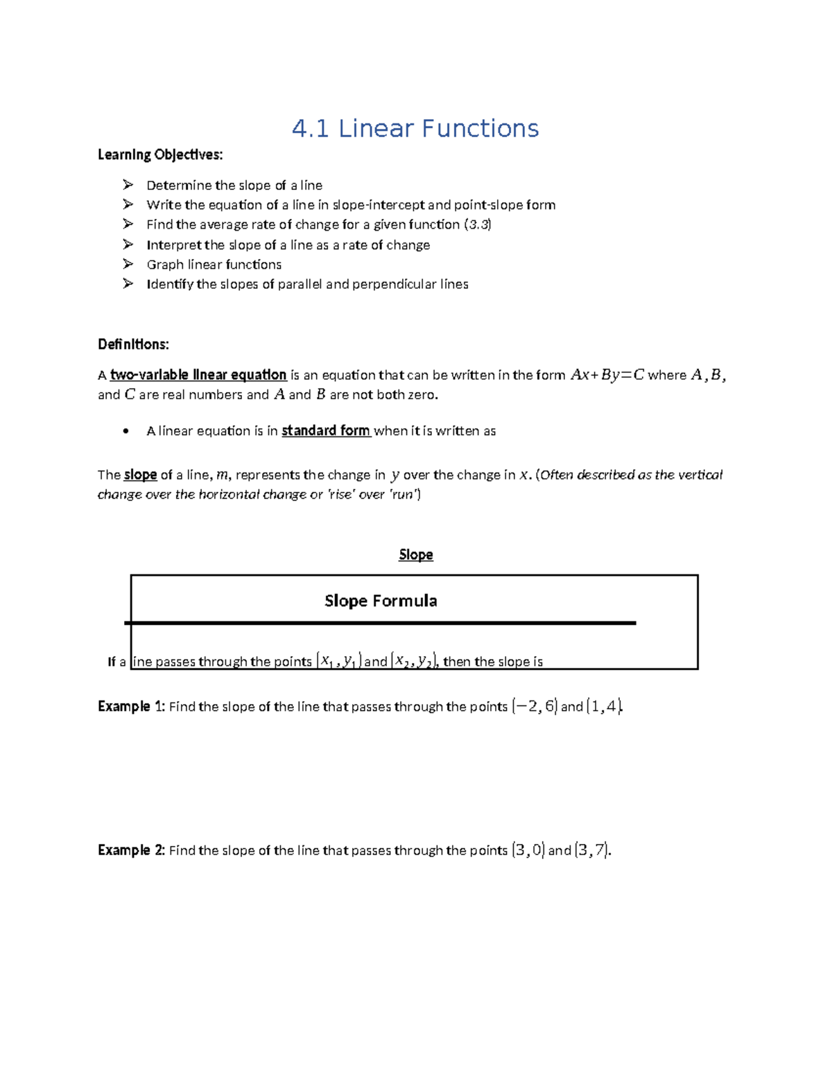 Linear Functions: Slope, Equations, and Modeling (MATH 4.1) - Studocu