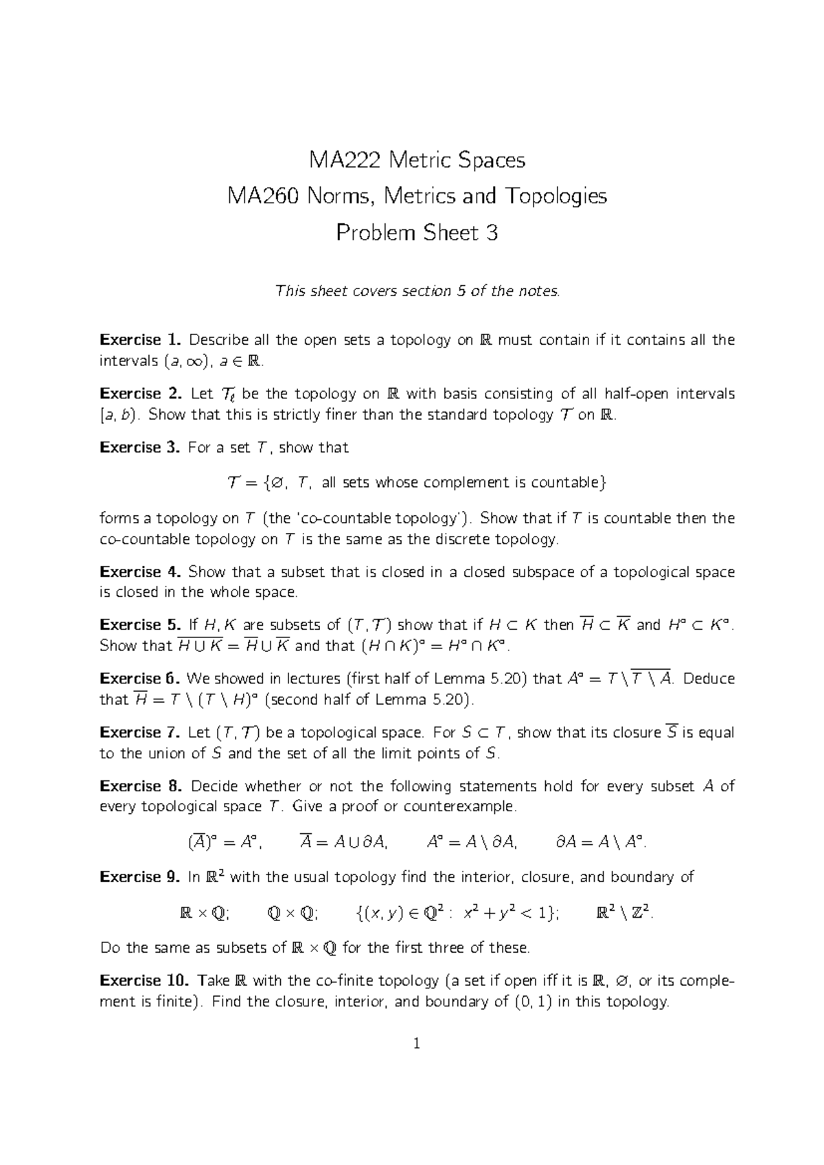 MA222/MA260 Problem Sheet 3: Topology Exercises and Solutions - Studocu