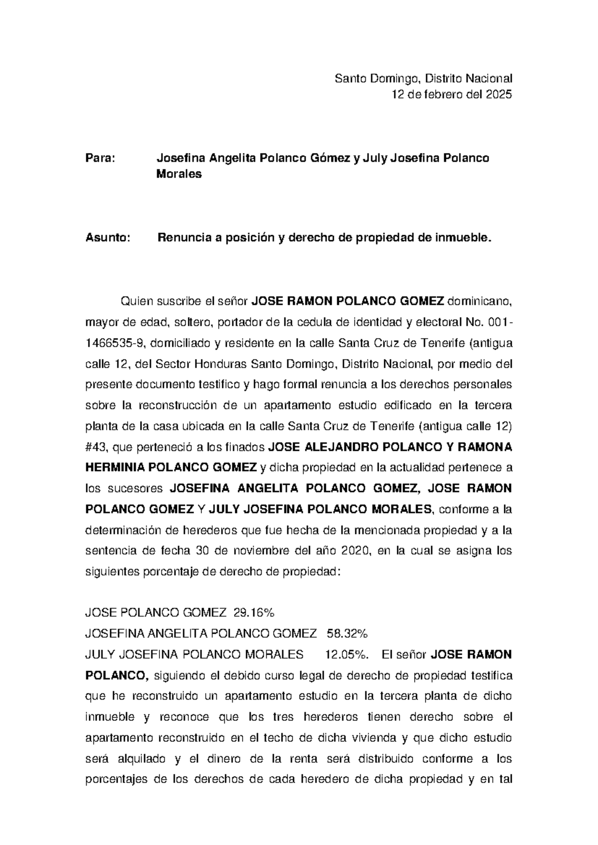 Renuncia de Derechos de Propiedad - José Ramón Polanco Gómez - Studocu