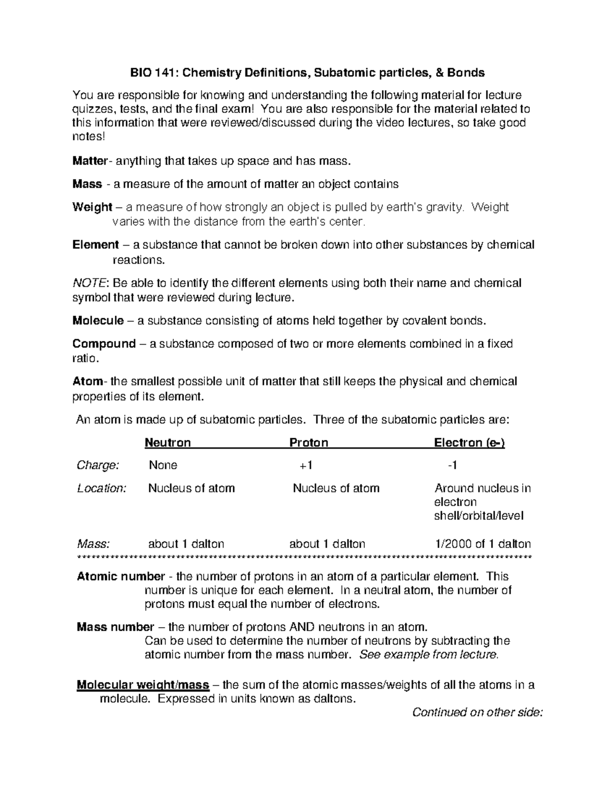 BIO 141: Key Chemistry Definitions, Subatomic Particles & Bonds - Studocu