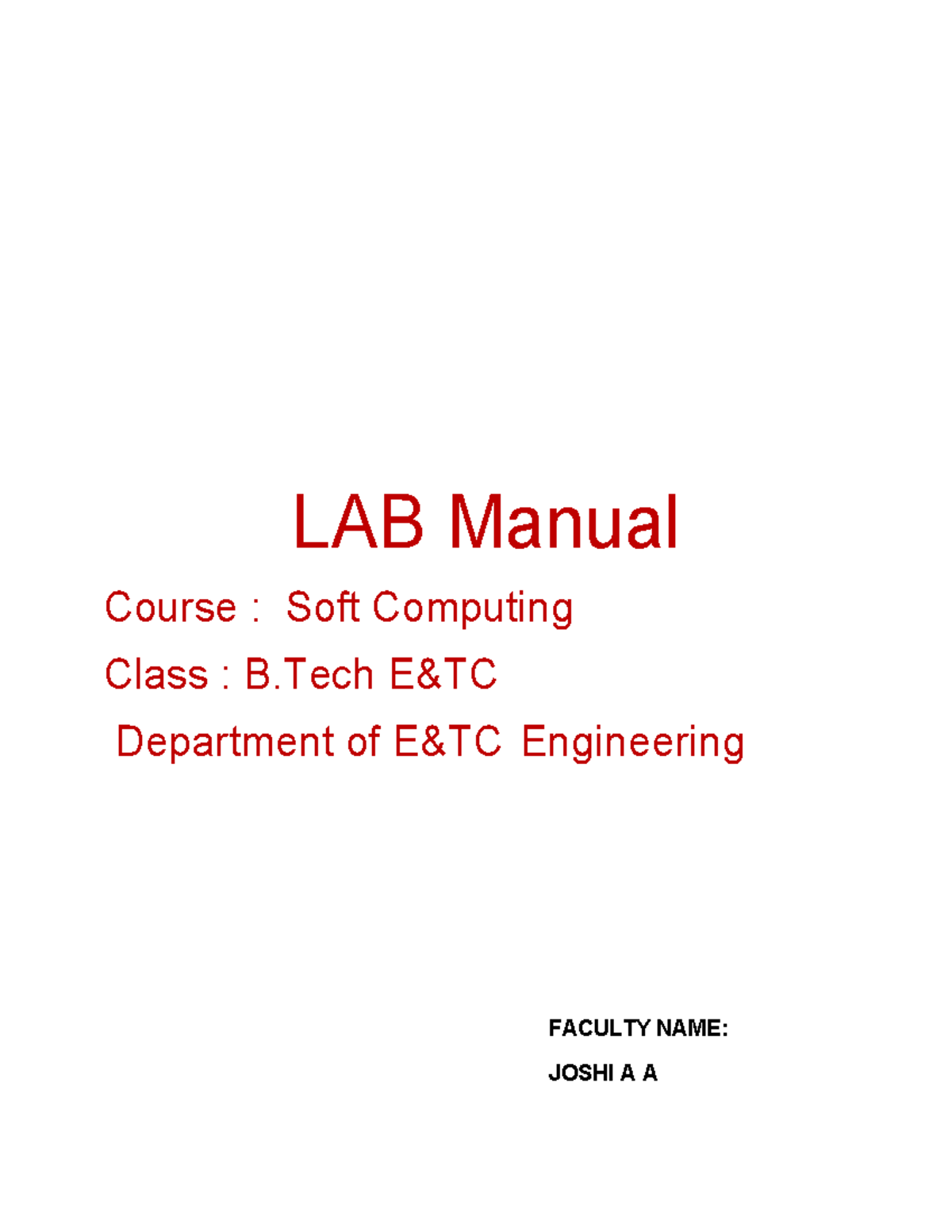 B.Tech E&TC Soft Computing Lab Manual: Exercises & MATLAB Programs ...