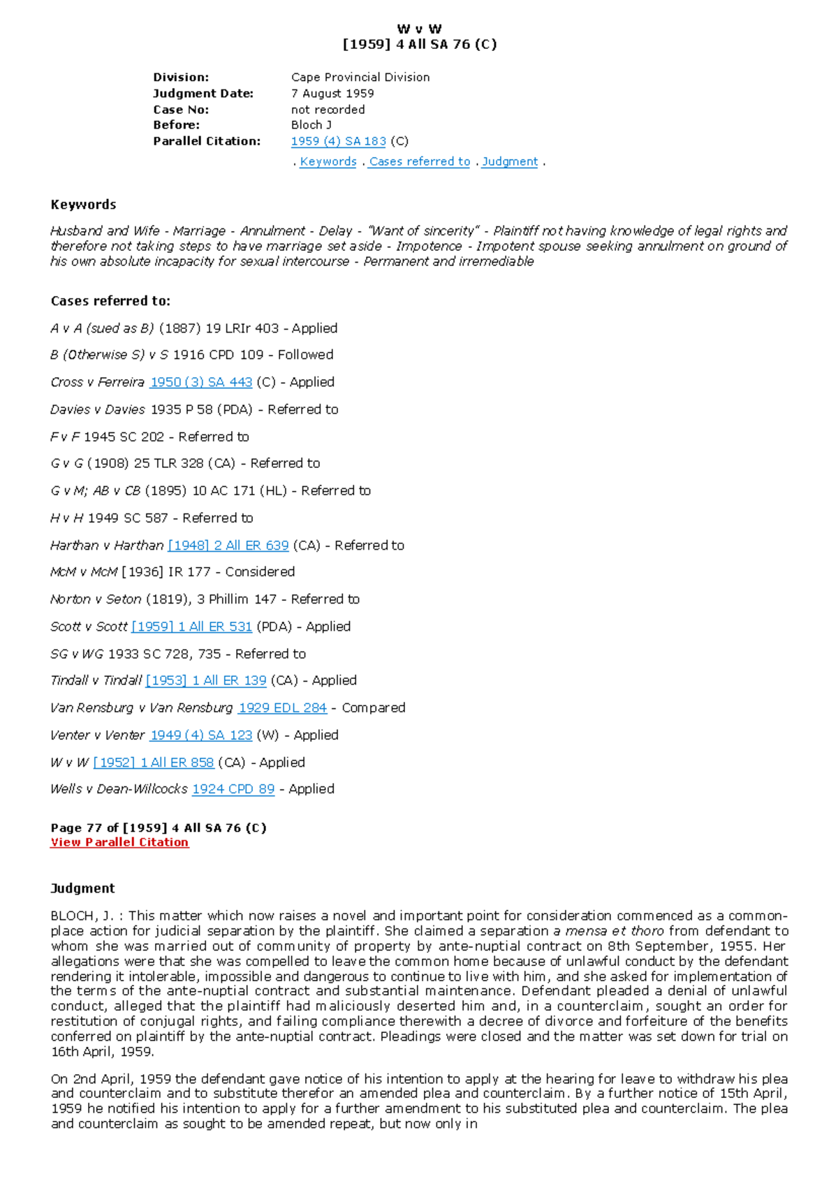 W v W - Case Law Analysis on Marriage Annulment and Impotence - Studocu