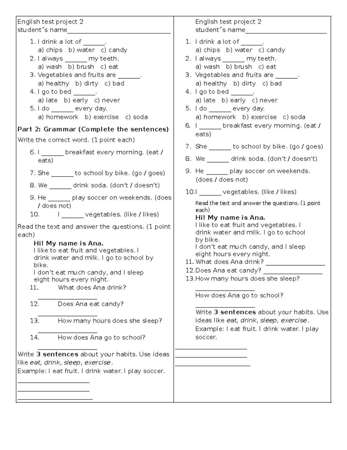 English Test Project 2: Healthy Life Quiz for Tercero - Studocu