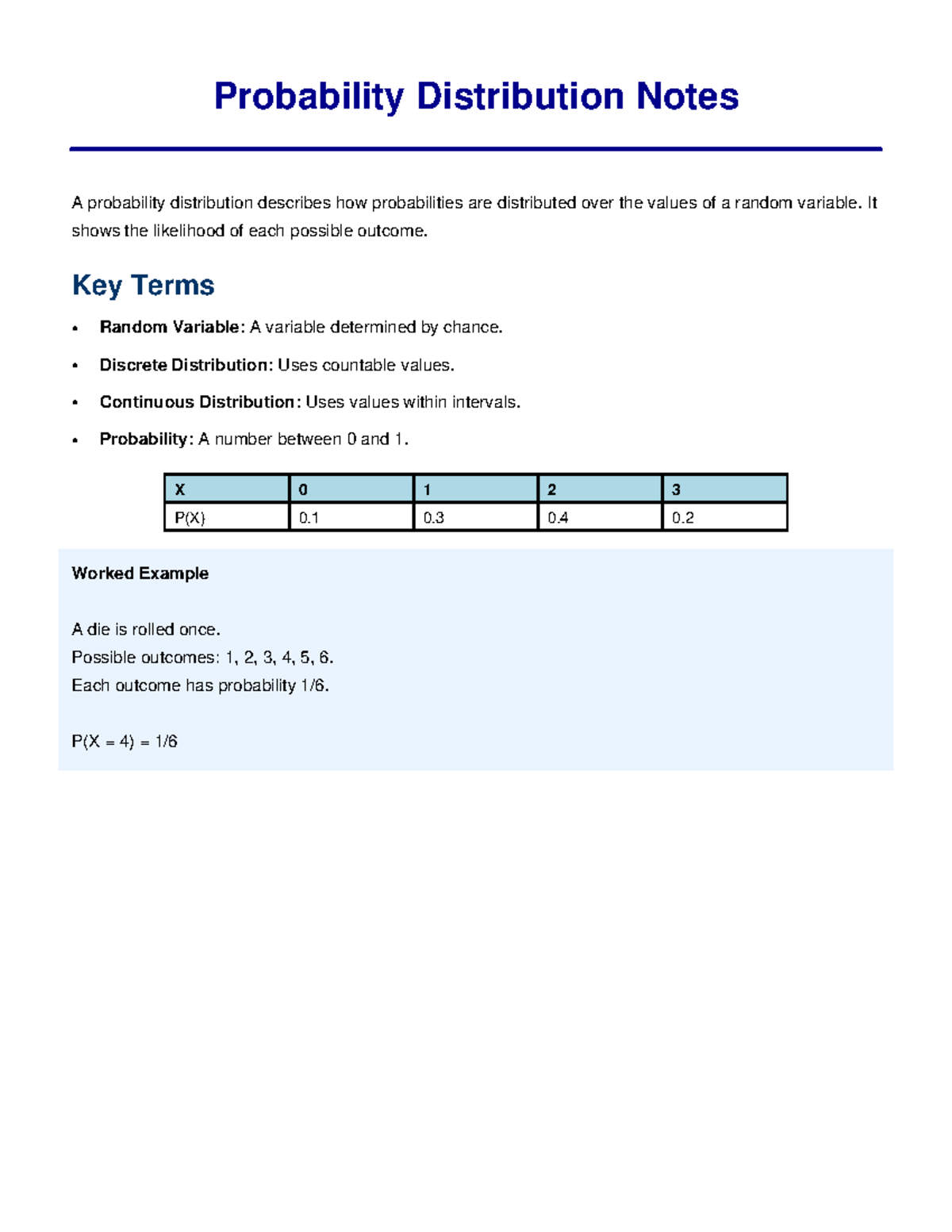 Probability Distribution Notes - It shows the likelihood of each ...