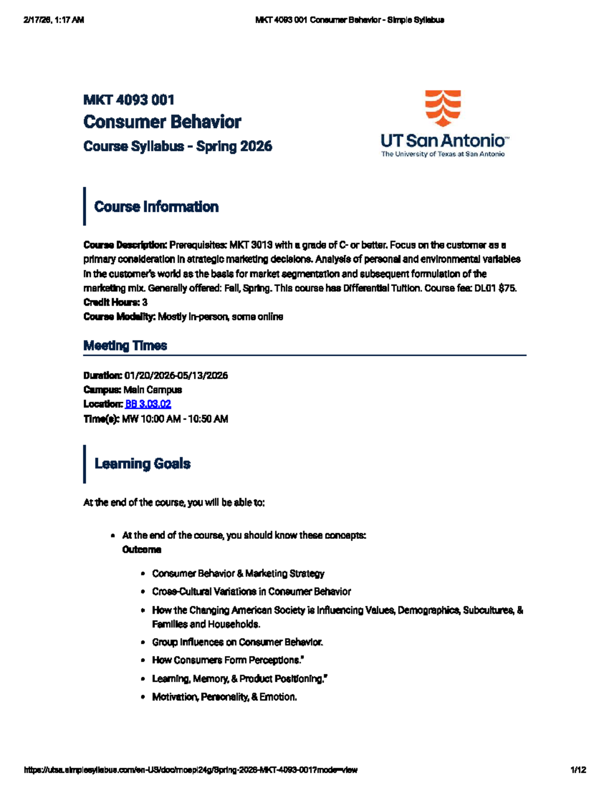 MKT 4093 001 Consumer Behavior Course Syllabus Spring 2026 - Studocu