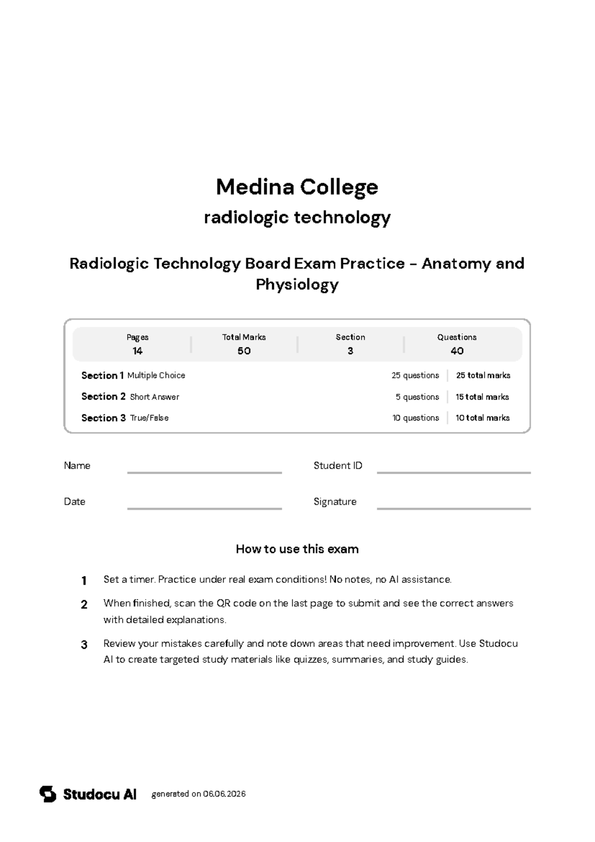 Radiologic Technology Board Exam Practice - Anatomy & Physiology - Studocu