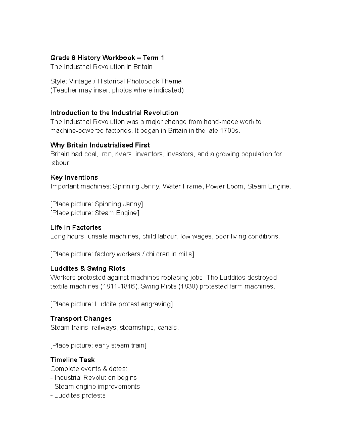 Gr8 History Workbook T1: The Industrial Revolution in Britain - Studocu
