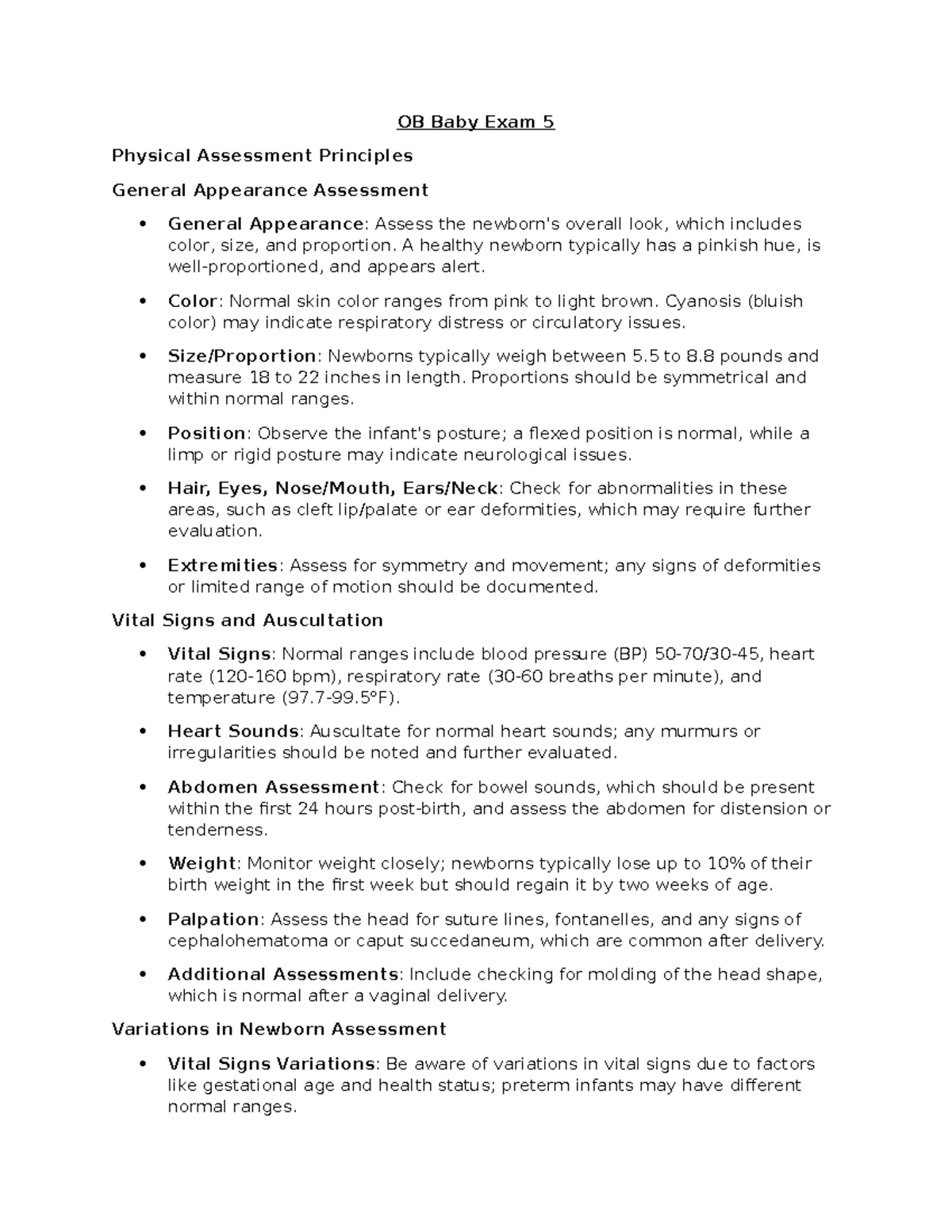 OB Newborn Exam 5: Physical Assessment & Care Guidelines - Studocu